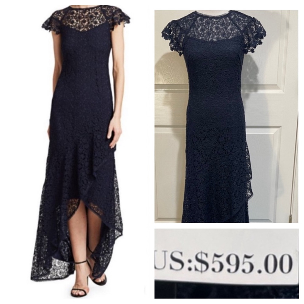 NWT! ML MONIQUE LHUILLIER High-Low Ruffle Lace Gown